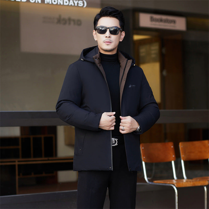 2024 winter new silk cotton-padded jacket casual men's business middle-aged cotton-padded hooded thick warm coat wholesale