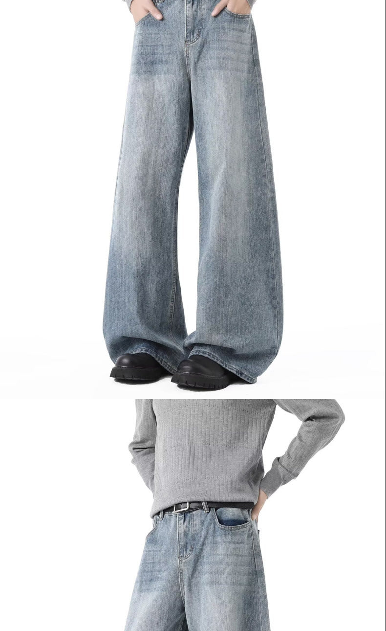 Spring and Autumn American Retro Blue Versatile Wide-Leg Men's Jeans, Stylish Hip-Hop Loose Petite Drape Straight Pants