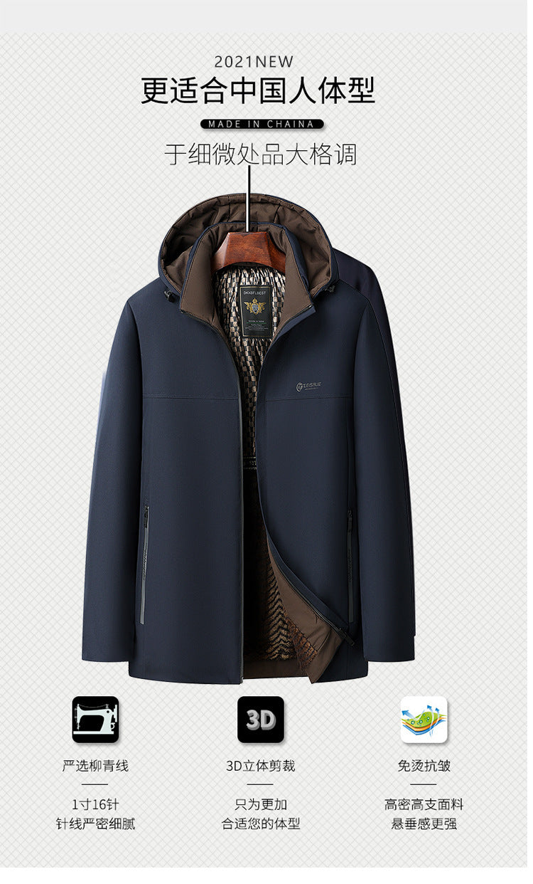 Middle-aged and elderly cotton-padded jacket 2024 winter middle-aged men's fleece-lined hooded jacket business leisure warm cotton-padded jacket