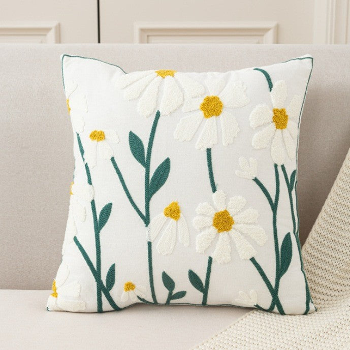 Nordic Towel Embroidered Embroidered Embroidered Pillow Living Room Cream Sofa Cushion Flower Model Room Bay Window Cushion Cover