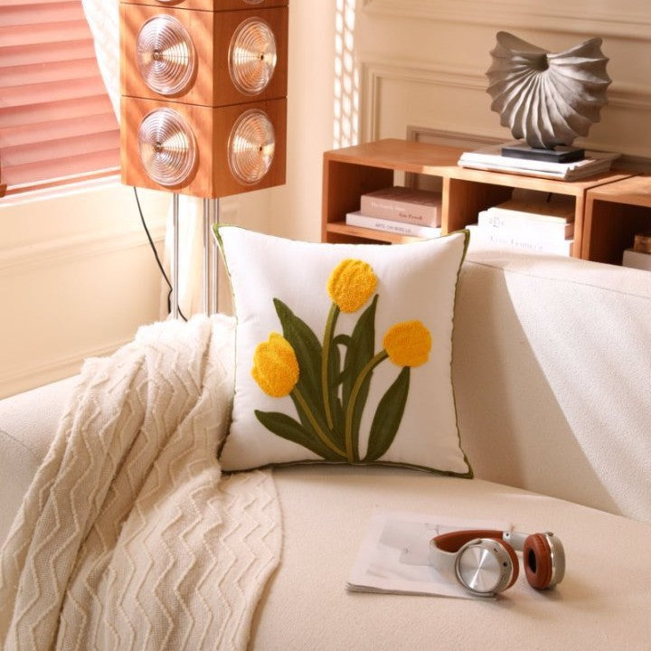 Nordic Towel Embroidered Embroidered Embroidered Pillow Living Room Cream Sofa Cushion Flower Model Room Bay Window Cushion Cover