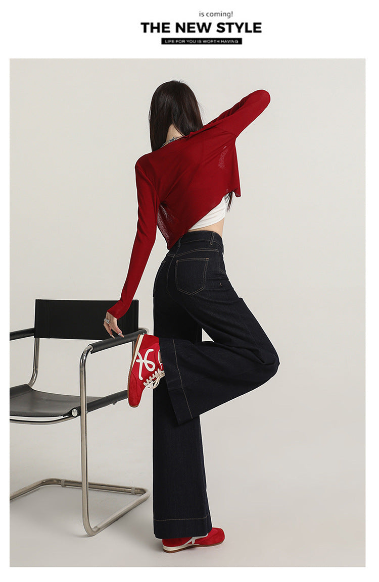 Retro American Style Denim Blue Flared Jeans for Women 2025 Autumn New Slimming Versatile Bootcut Pants