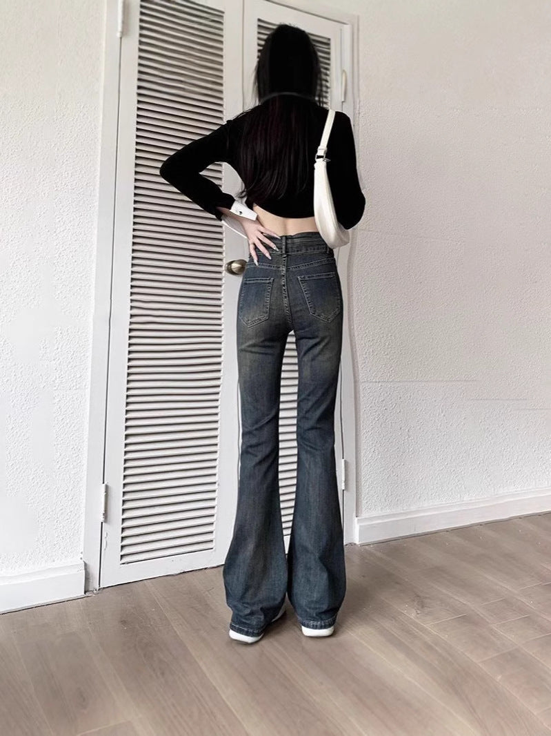 American Retro Denim Flared Pants for Women, Spring and Autumn New Gradient Floor-Length Petite High-Waisted Slimming Bootcut Pants