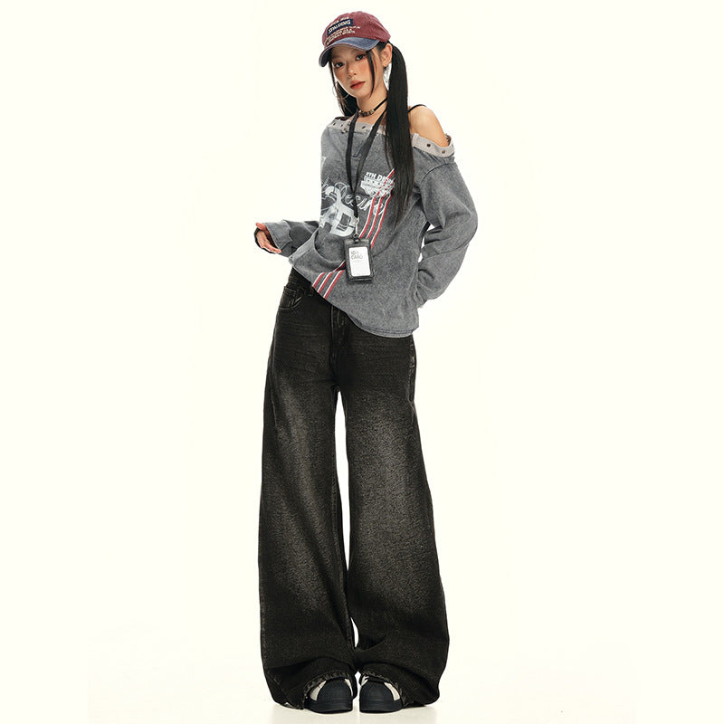 American Retro Wide-Leg Jeans for Women 2025 Early Autumn New Design Distressed Slimming Straight-Leg Floor-Length Pants