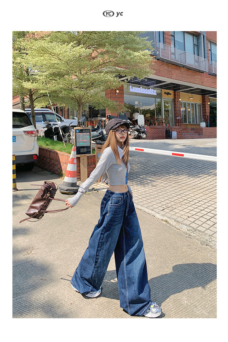 American-Style Dark Blue Wide-Leg Jeans for Women, 2025 Autumn New Straight High-Waisted Loose Slimming Lazy Floor-Length Pants
