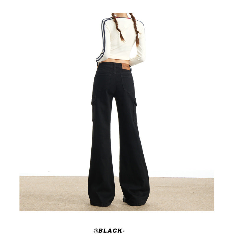 Eye-Catching Autumn and Winter Black Workwear Mid-Waist Elastic European and American Slightly Flared Wide-Leg Floor-Length Casual Jeans for Women