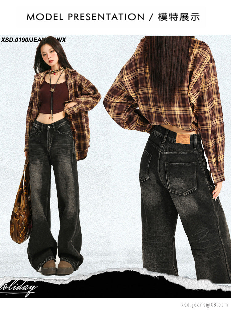 American Large Size Retro Black and Gray Jeans for Women Spring and Autumn New High-Waist Slim Straight Loose Wide-Leg Floor-Length Trousers