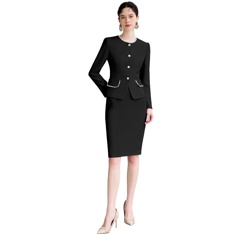 AD French Commuter Suit suit Women's High-end Pearl Crewneck Long-sleeved Jacket Black Business Dress Overskirt