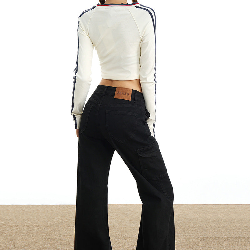 Eye-Catching Autumn and Winter Black Workwear Mid-Waist Elastic European and American Slightly Flared Wide-Leg Floor-Length Casual Jeans for Women