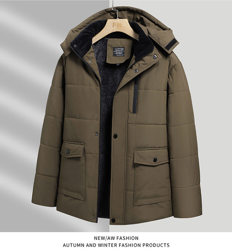 Winter Grandpa Cotton-Padded Jacket for Middle-Aged and Elderly Men, Thick Fleece-Lined Hooded Warm Coat, Middle-Aged and Elderly Dad's Cotton-Padded Jacket