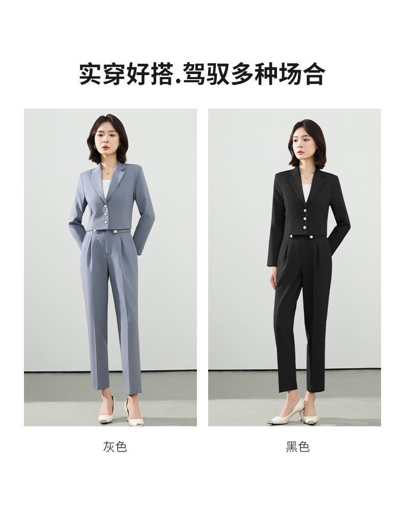 Cross-Border Gray Suit Set for Women, Spring and Autumn Short Style Professional Formal Wear, Hotel Front Desk Long-Sleeve Workwear Blazer