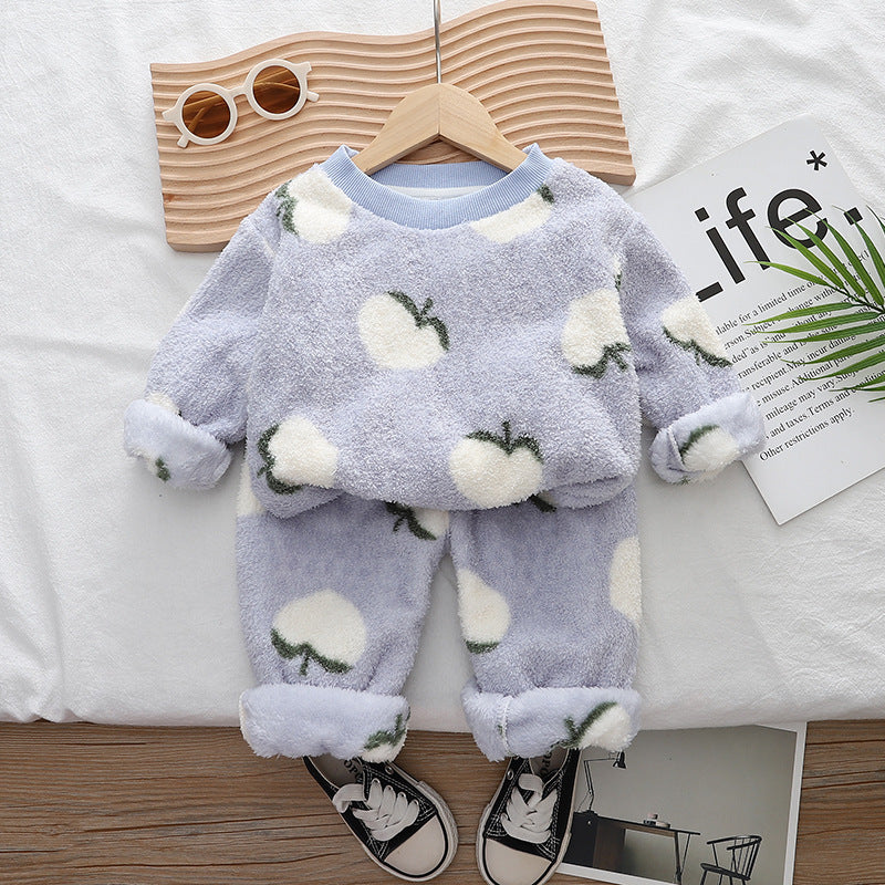 Free Shipping Yukids Kidsren's Autumn and Winter Home Clothes Set for Men and Women Baby Flannel Fruit Warm Two-Piece Set