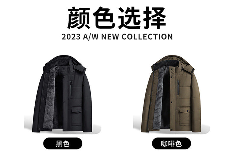 Winter Grandpa Cotton-Padded Jacket for Middle-Aged and Elderly Men, Thick Fleece-Lined Hooded Warm Coat, Middle-Aged and Elderly Dad's Cotton-Padded Jacket