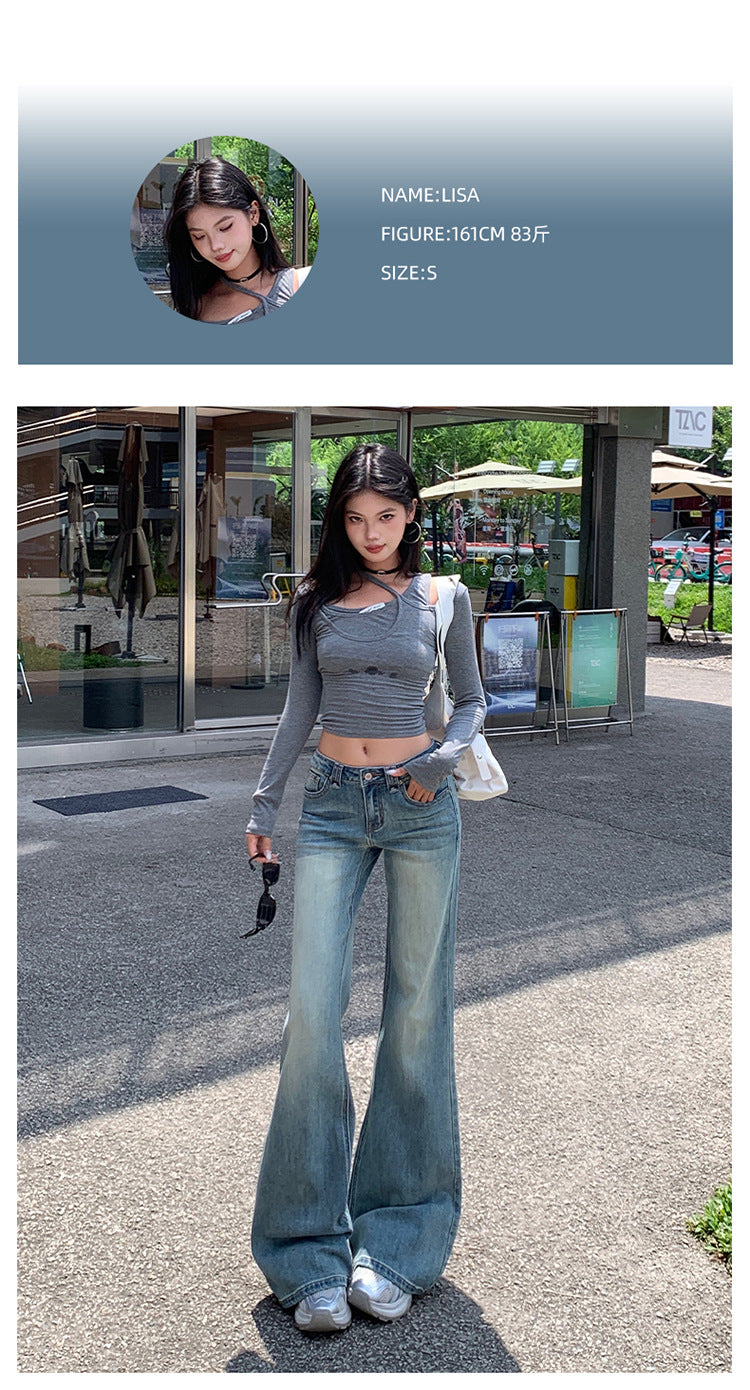 American Hot Girl Washed Retro Slim Jeans for Women Early Autumn New Versatile Fashionable and Comfortable Low-Waist Micro-Flared Pants