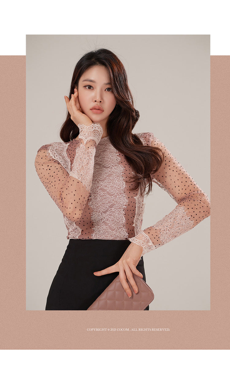 Foreign Trade Women's Clothing 2025 Spring and Summer Round Neck Sexy Polka Dot Mesh Slim Top + High Waist Slim Slit Hip Skirt
