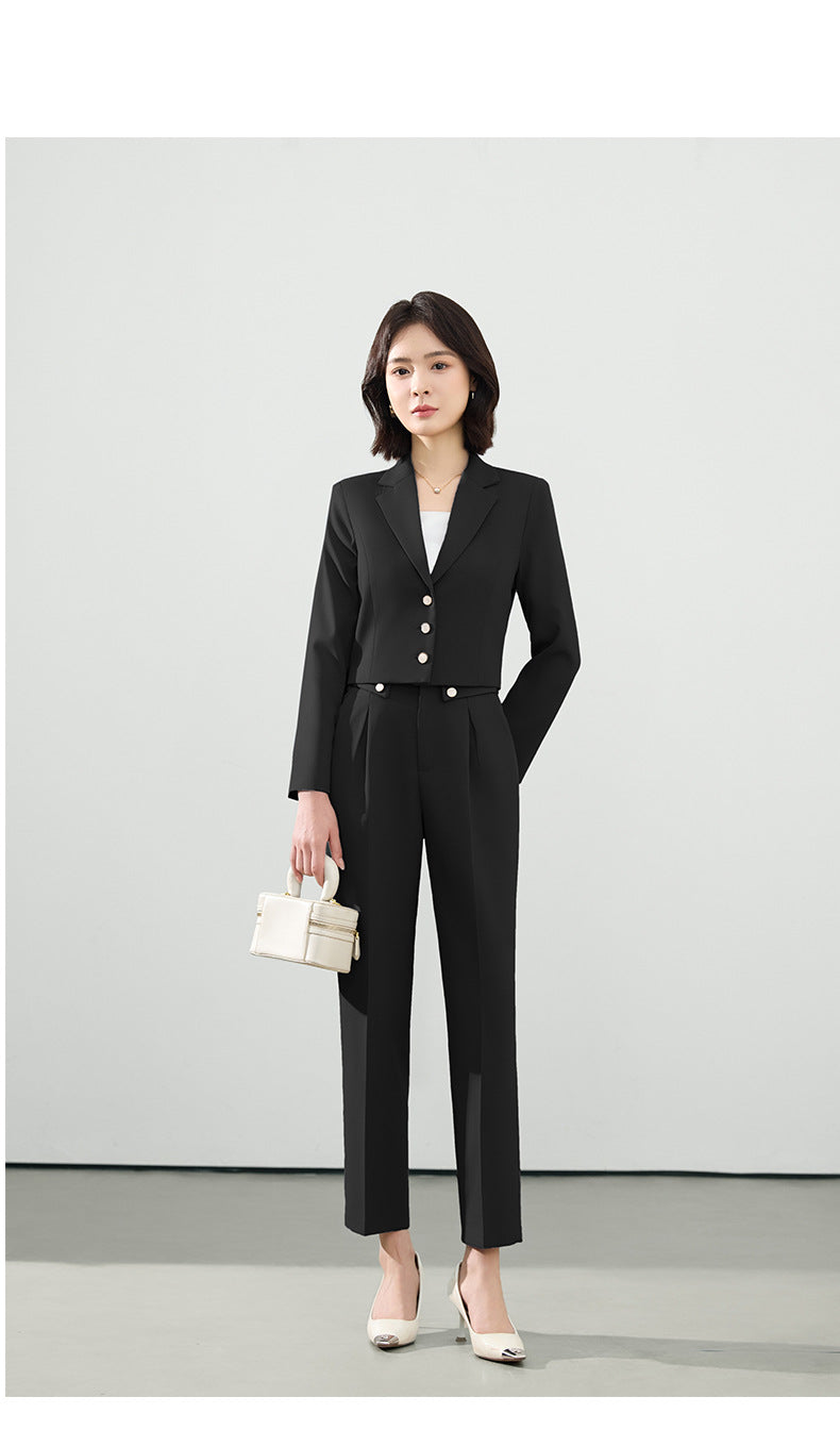 Cross-Border Gray Suit Set for Women, Spring and Autumn Short Style Professional Formal Wear, Hotel Front Desk Long-Sleeve Workwear Blazer