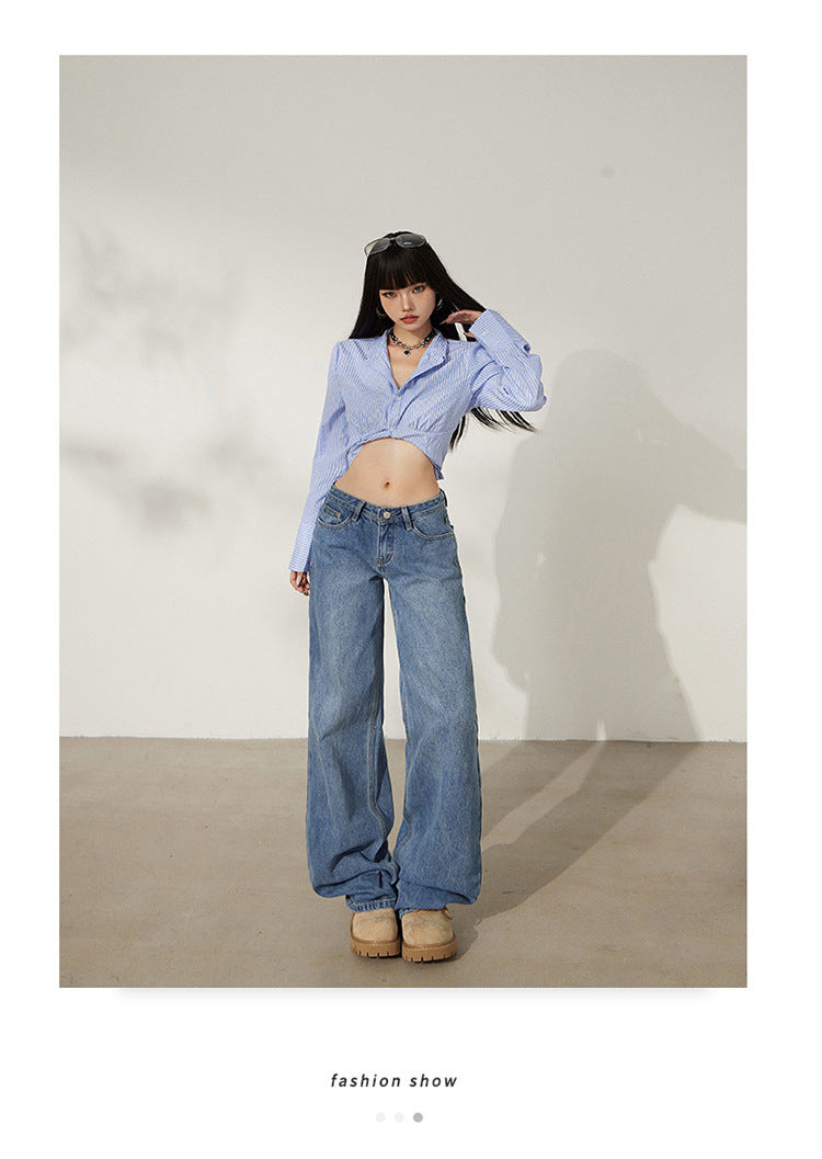 Retro Washed Wide-Leg Jeans for Women, Autumn New Low-Waist Straight Loose Design, Slimming Floor-Length Pants