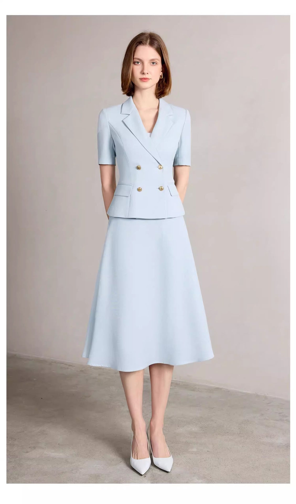 Summer New Short-Sleeved Light Blue Professional Women's Skirt Suit Double-Breasted Suit Collar Office Manager Commuting Formal Wear