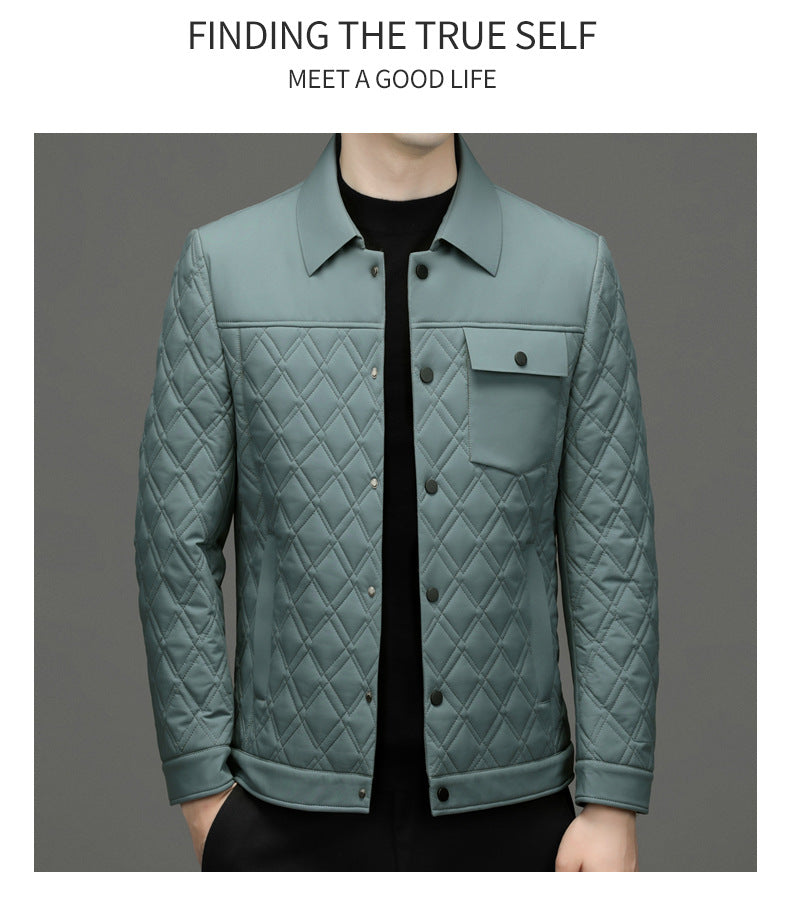 High-end men's mulberry silk cotton-padded coat business casual plaid middle-aged lightweight cotton-padded jacket autumn and winter men's lapel cotton-padded coat