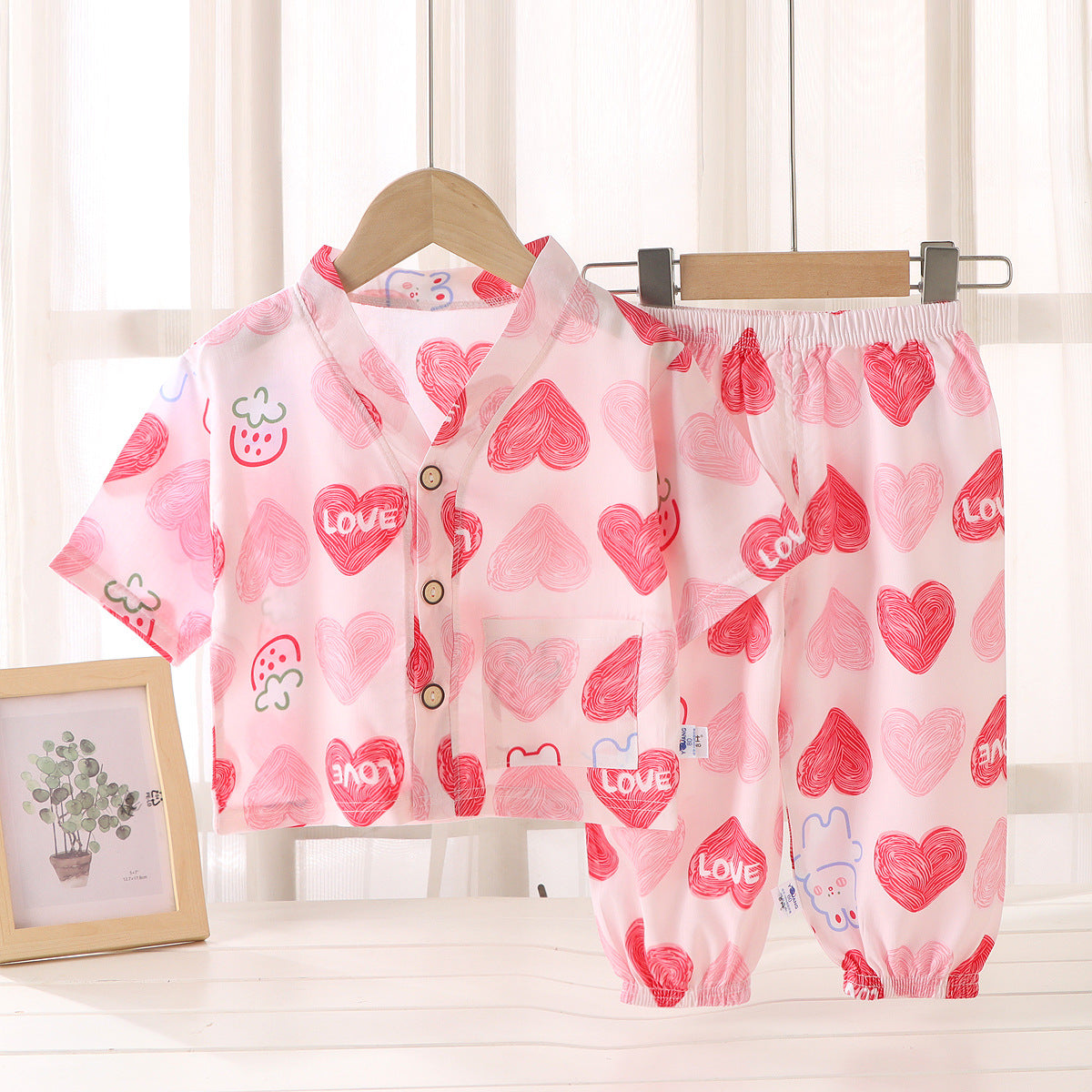 Children's Home Clothes Cotton Silk Suit Summer Boys and Girls Pajamas Artificial Cotton Two-Piece Set Cotton Silk Air-Conditioned Clothes Kidsren's Clothing