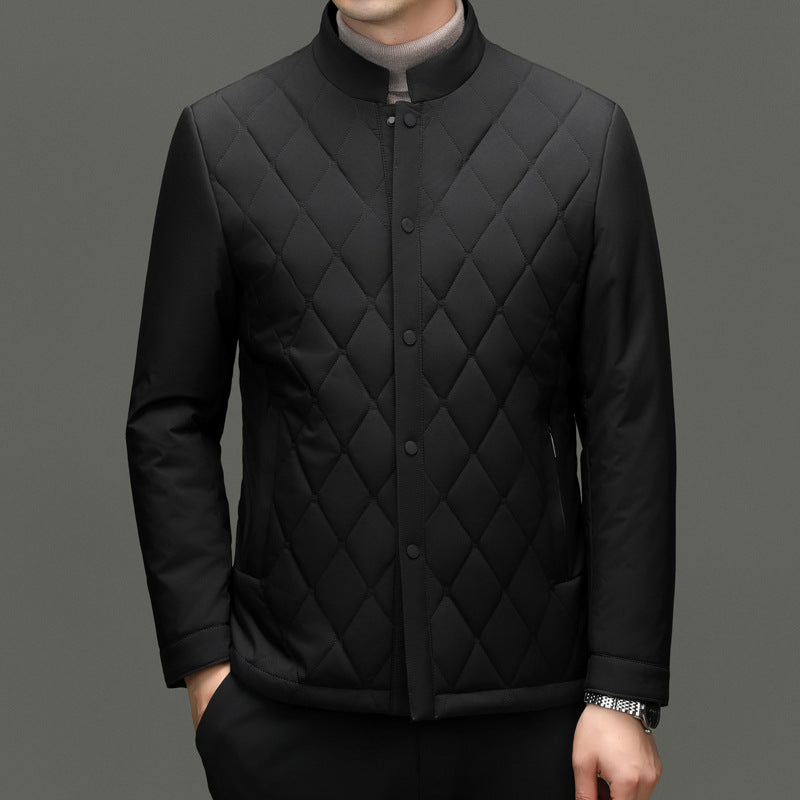 Men's Stand Collar Diamond Pattern Cotton Jacket Autumn and Winter Business Casual Warm Jacket Young and Middle-Aged Fashion Single-Breasted Top