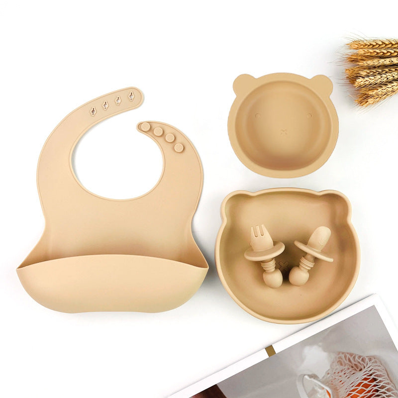 Baby Food Supplemented Tableware suit Food Grade Silicone Drop-resistant High Temperature Cute Cartoon Bear Tableware Four-piece Set