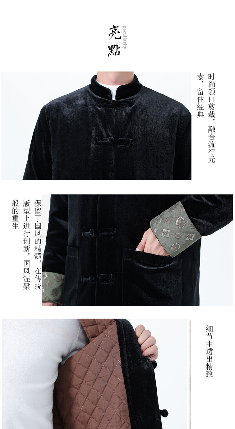 Winter Chinese-Style Tang Suit Jacket for Men, Corduroy Cotton Coat, Retro Thickened Cotton Clothing, Chinese-Style Button Cotton-Padded Jacket, Hanfu