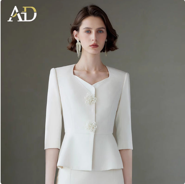 Ad Spring/Summer 2026 New Women's Suit Set, Elegant White Three-Quarter Sleeve Business Attire, Chanel-Style Two-Piece Set
