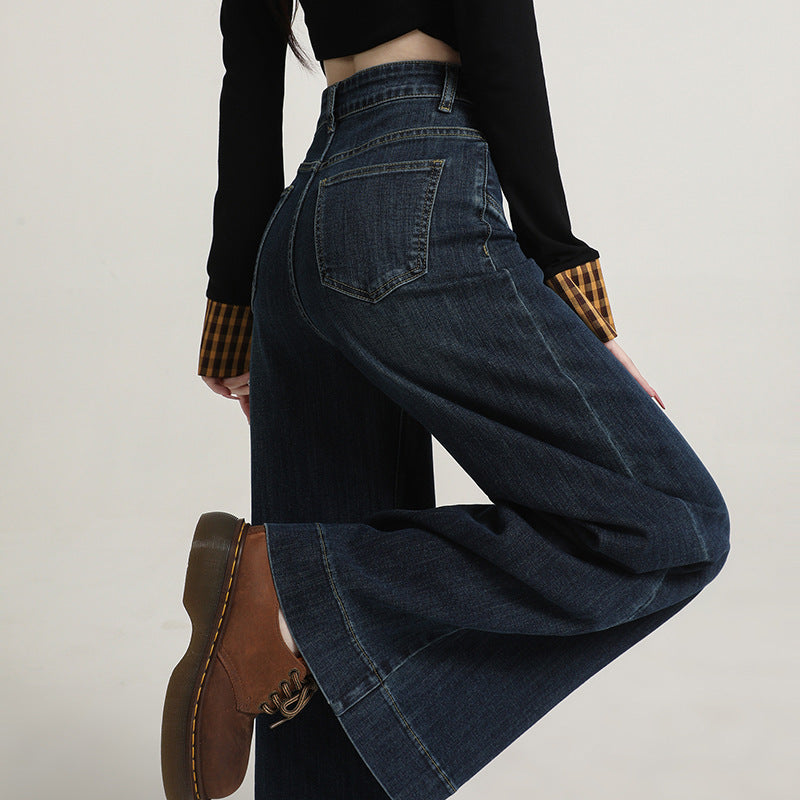 Retro American Style Denim Blue Flared Jeans for Women 2025 Autumn New Slimming Versatile Bootcut Pants