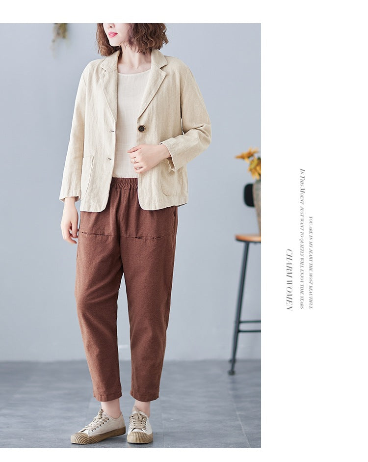 2025 Real Shot of New Cotton and Linen Retro Literary Loose Versatile Casual Long-Sleeved Button-Down Small Suit Short Jacket for Women