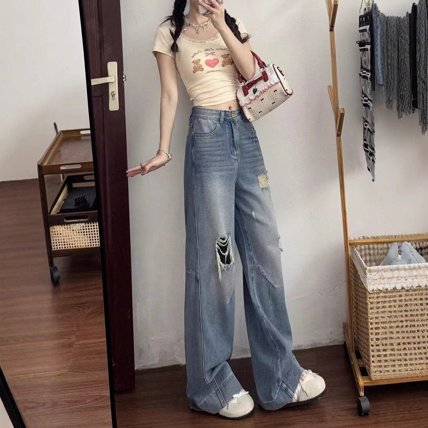 American Style Ripped Jeans for Women, Autumn New Plus-Size High-Waisted Pear-Shaped Figure Slimming Loose Wide-Leg Pants