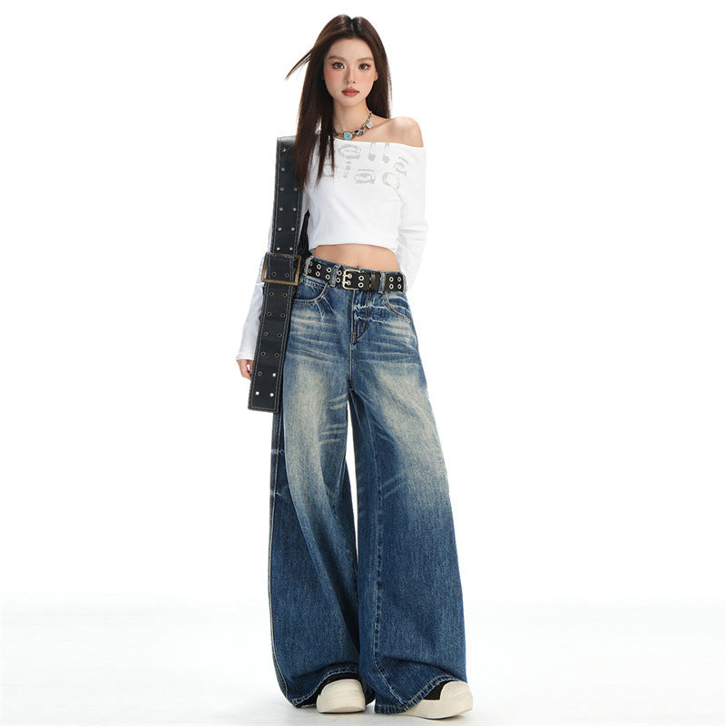 Raccoon House # High-Waisted Loose Whiskered Floral Heavy Craft Jeans for Women 2025 Autumn New Drape Slimming Floor-Length Pants