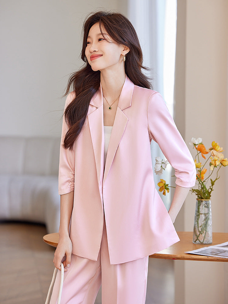 New Chinese-Style Women's Summer Thin Suit for Petite Figures, High-End Professional Attire, Acetate-Like Blazer