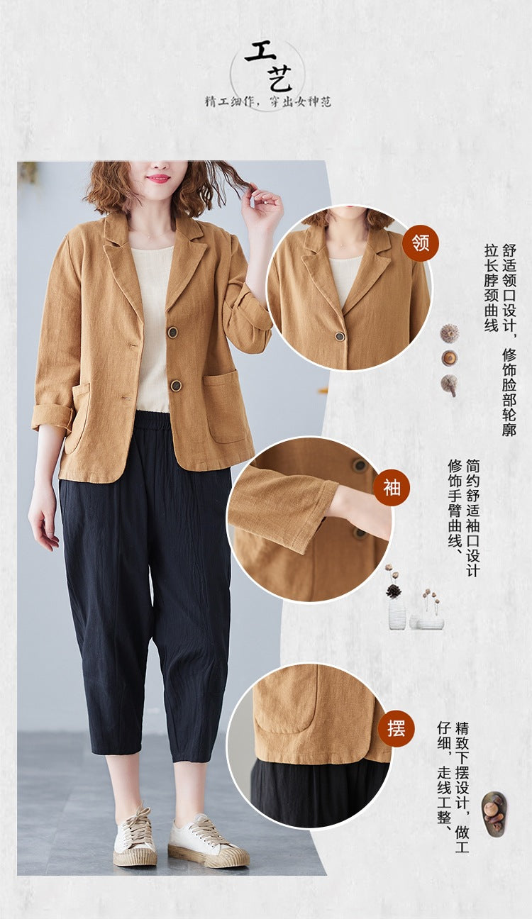 2025 Real Shot of New Cotton and Linen Retro Literary Loose Versatile Casual Long-Sleeved Button-Down Small Suit Short Jacket for Women