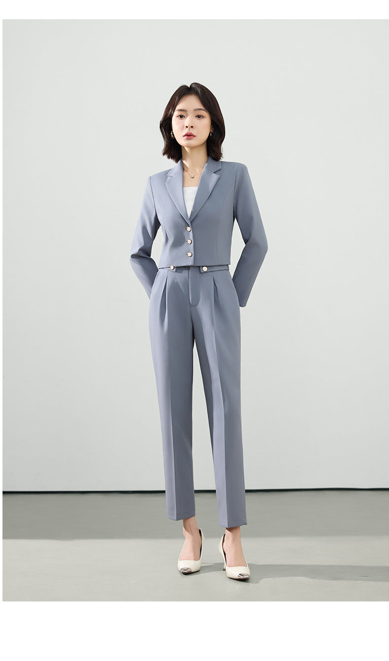 Cross-Border Gray Suit Set for Women, Spring and Autumn Short Style Professional Formal Wear, Hotel Front Desk Long-Sleeve Workwear Blazer