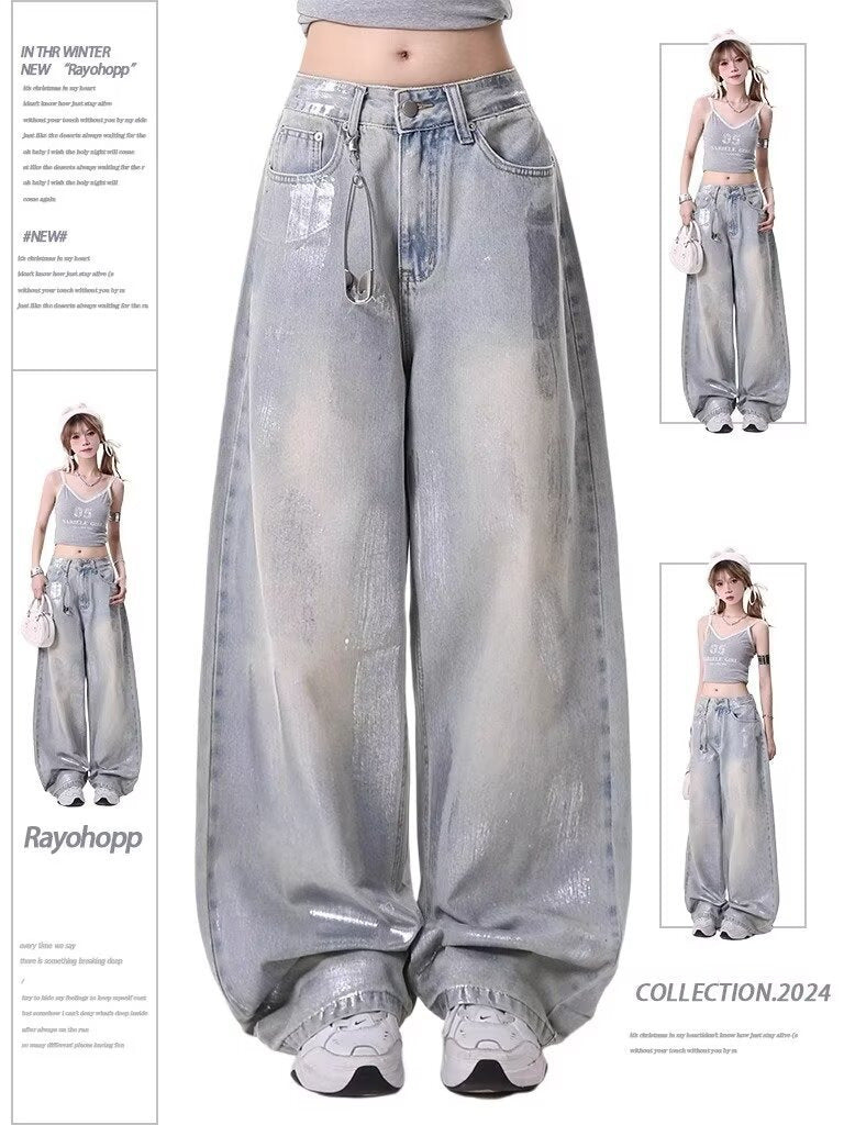 American Retro Simple Wide-Leg Jeans for Women, Autumn New Slim High-Waisted Loose Vintage Straight Pants