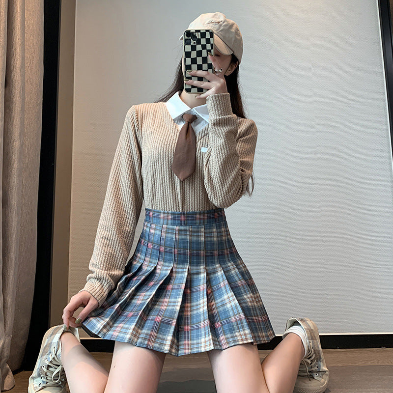 Pleated Skirt Women's Summer Jk Skirt Slimming Look New Plaid Skirt High Waist Korean Style Black A-Line Skirt Large Size Short Skirt