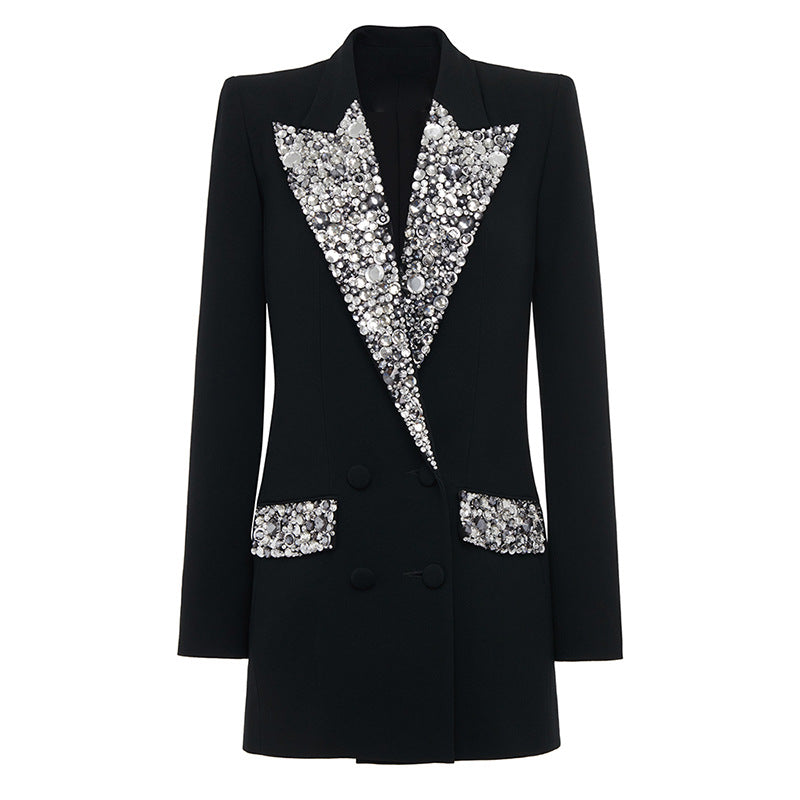 In Stock 2026 European and American Trendy Fashion New Style Handmade Luxurious Heavy Beading and Rhinestone Embellished Slim Fit Mid-Length Blazer