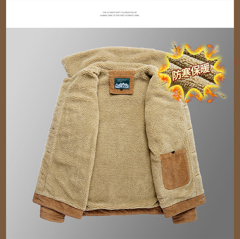 Lamb Velvet Jacket Men's Autumn and Winter Thickeneded Cotton Outwear Corduroy Workwear Cotton Jacket Fleece-Lined Retro Corduroy Jacket