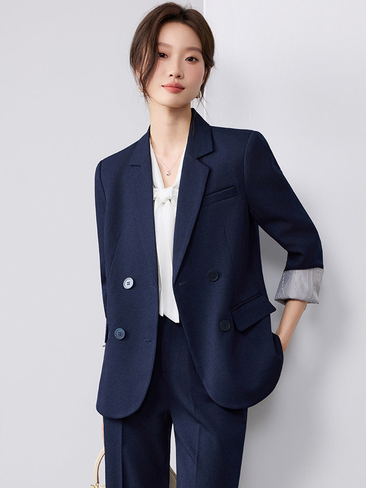 Cross-Border Fashion Simple Double-Breasted Suit Set for Women, New Design with High-End Elegance and Goddess-Like Style, Long-Sleeve Blazer