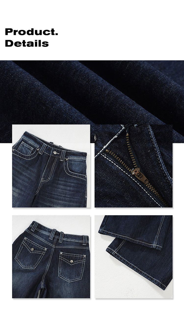 American-Style Dark Blue Wide-Leg Jeans for Women, 2025 Autumn New Straight High-Waisted Loose Slimming Lazy Floor-Length Pants
