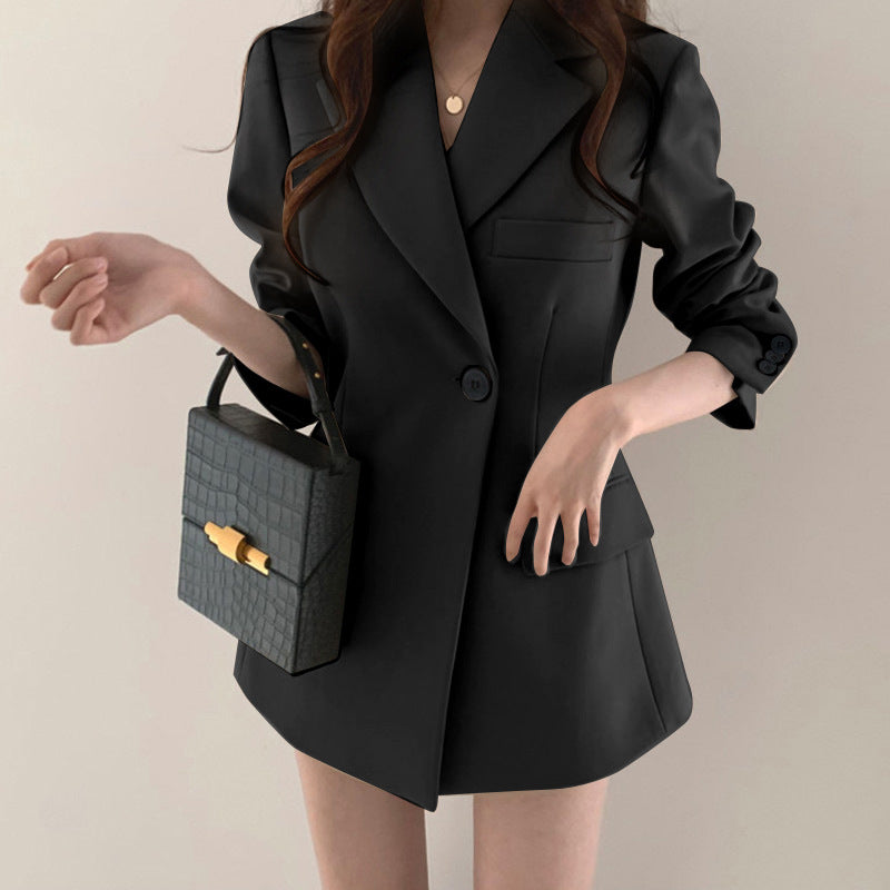 khaki Suit Jacket Women's Spring and Autumn Korean-style Ins Hong Kong-style Retro Top Tight Waist Slimming Mid-length Small Suit