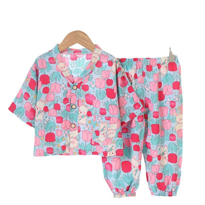 Children's Home Clothes Cotton Silk Suit Summer Boys and Girls Pajamas Artificial Cotton Two-Piece Set Cotton Silk Air-Conditioned Clothes Kidsren's Clothing