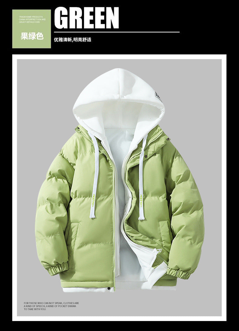 Hooded cotton-padded jacket winter thick warm couple's bread suit loose trend fake two-piece cotton-padded jacket men's hooded coat