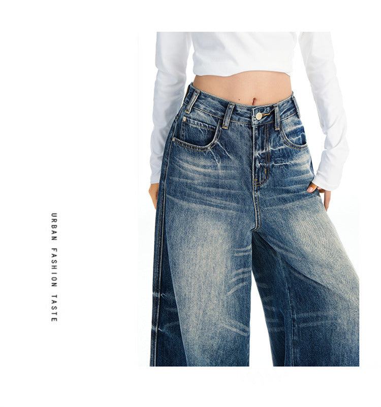 Raccoon House # High-Waisted Loose Whiskered Floral Heavy Craft Jeans for Women 2025 Autumn New Drape Slimming Floor-Length Pants