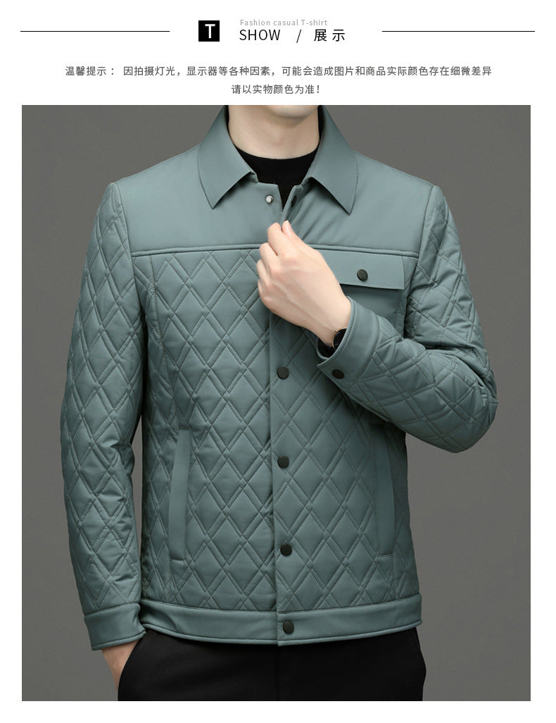 High-end men's mulberry silk cotton-padded coat business casual plaid middle-aged lightweight cotton-padded jacket autumn and winter men's lapel cotton-padded coat