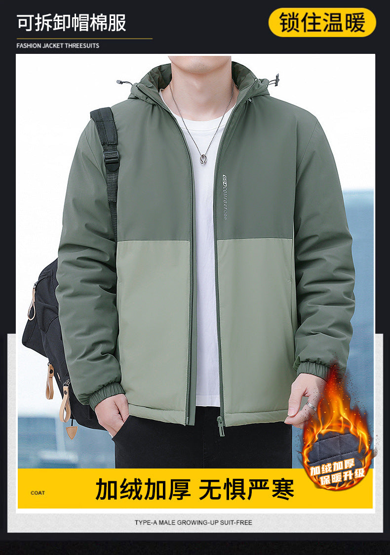 2024 Autumn and Winter New Cross-Border Men's Cotton Jacket Large Size Comfortable Fleece-Lined Warm Coat with Detachable Hood