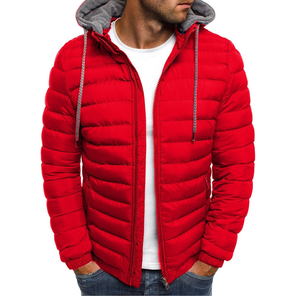 Year-Round Winter Men's Cotton Coat with Detachable Hood, European Size, Solid Color, Simple Cotton Jacket, Men's Outerwear Wholesale