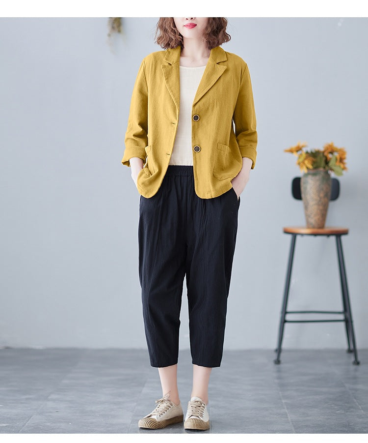 2025 Real Shot of New Cotton and Linen Retro Literary Loose Versatile Casual Long-Sleeved Button-Down Small Suit Short Jacket for Women