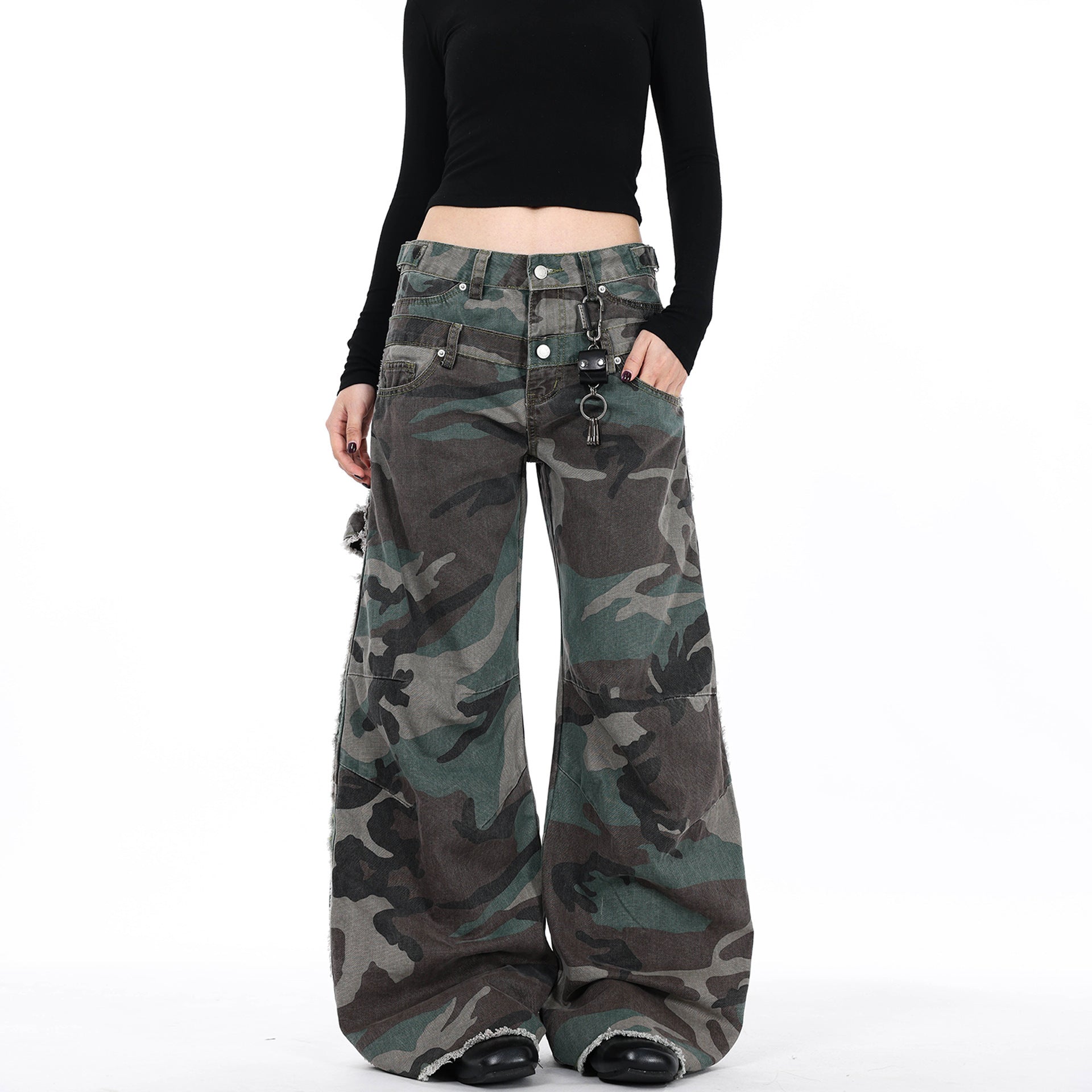 American Retro Design Double Waistband Camouflage Cargo Pants for Men and Women New Deconstructed Loose Wide-Leg Scimitar Jeans
